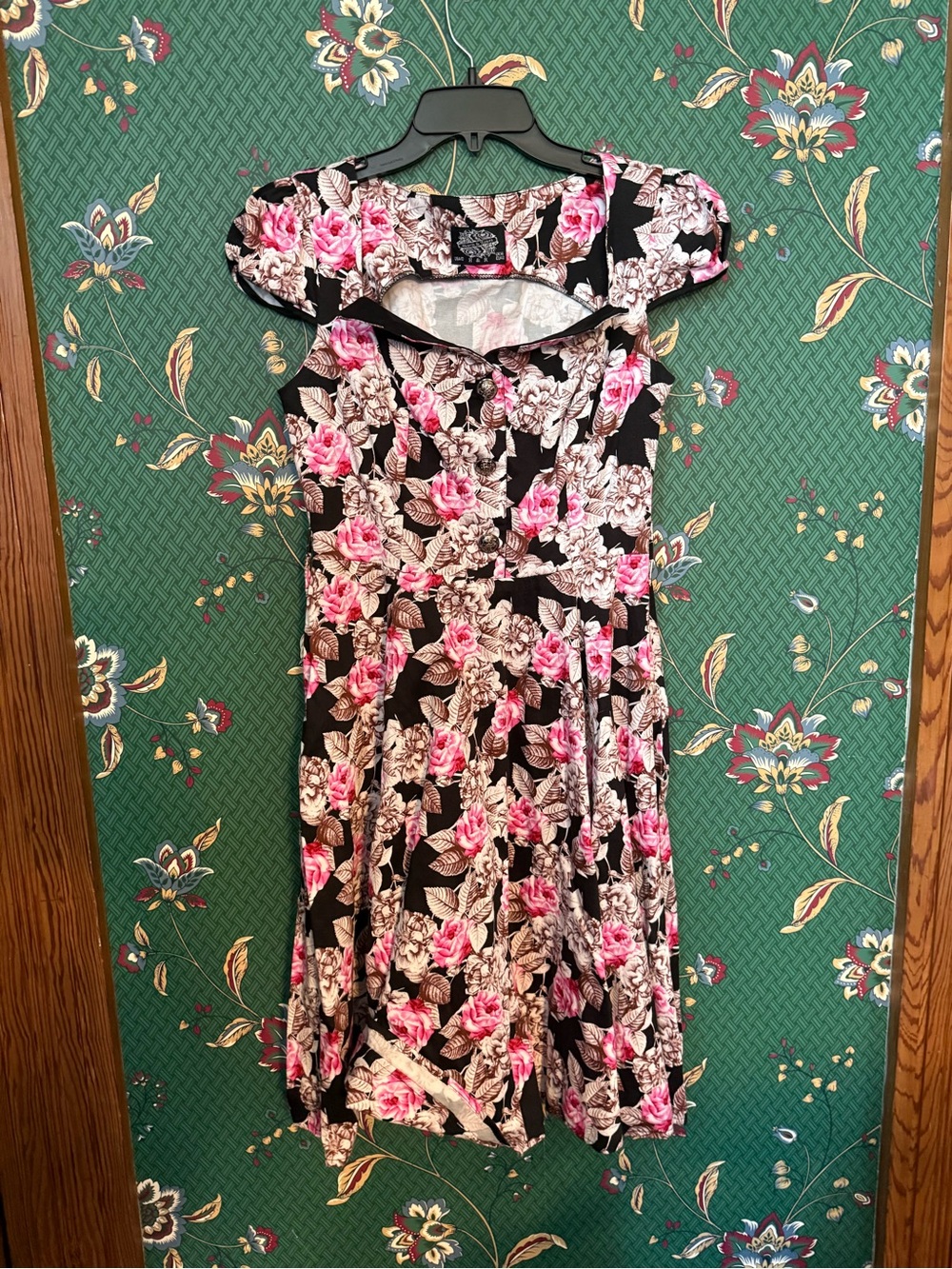 Black Floral Fit-and-Flare Dress with Pink Roses
